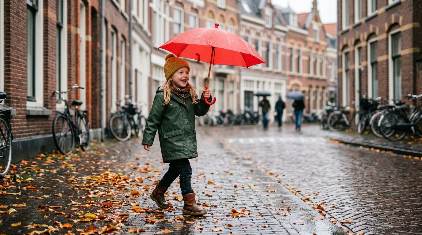 Lachend kind in groene jas loopt door een natte straat met rode kinderparaplu boven het hoofd.