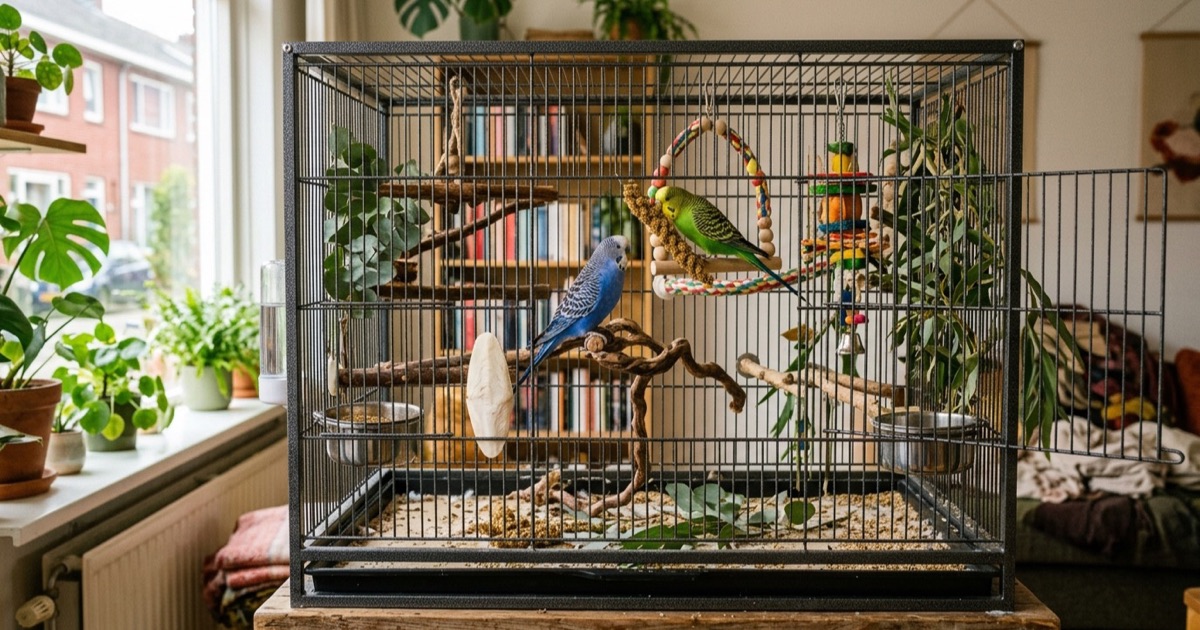 Twee kleurrijke grasparkieten in een grote rechthoekige kooi met natuurlijke takken in een Nederlandse woonkamer