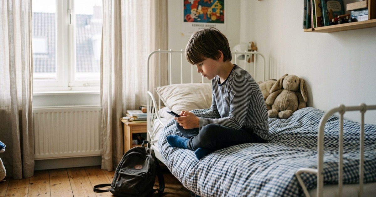 Kind van een jaar of tien zit alleen op een bed bij raamlicht met een telefoon in de hand.