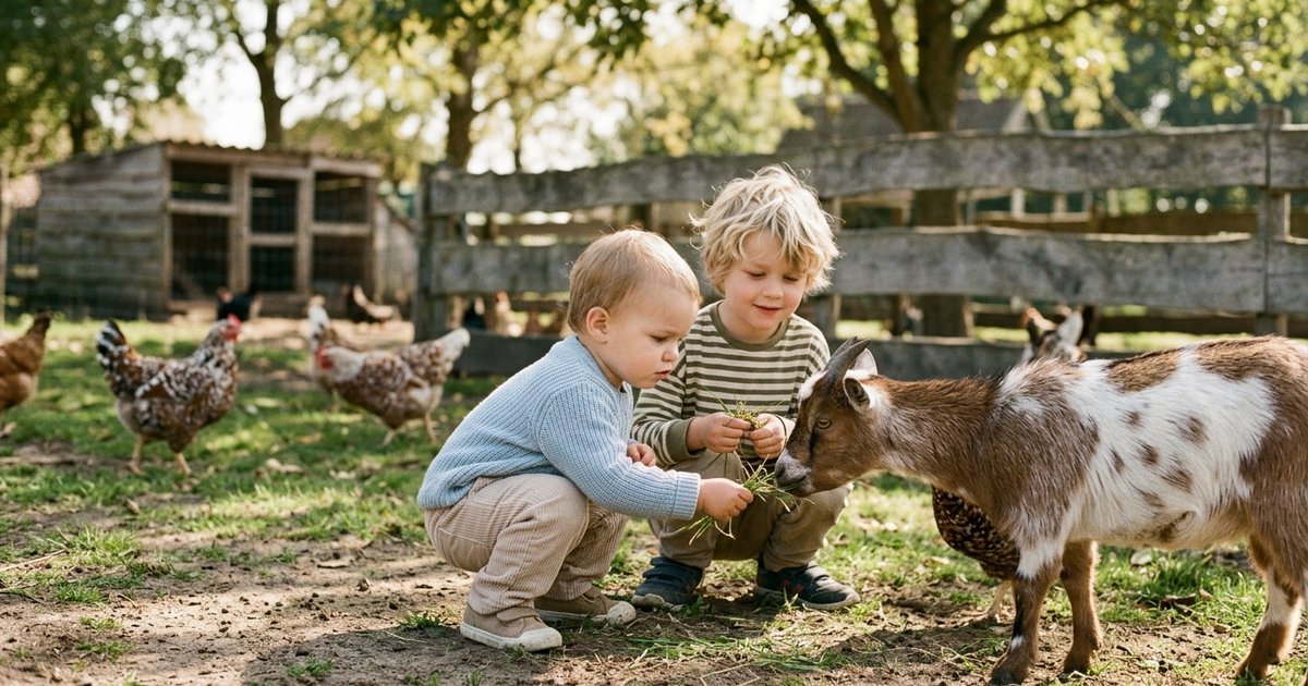 Peuter en kleuter spelen samen bij een kinderboerderij met een geit en een houten hek