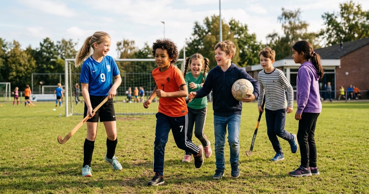 Kinderen van gemengde leeftijd spelen samen op een veld met ballen en hockeysticks tijdens een buitentraining.