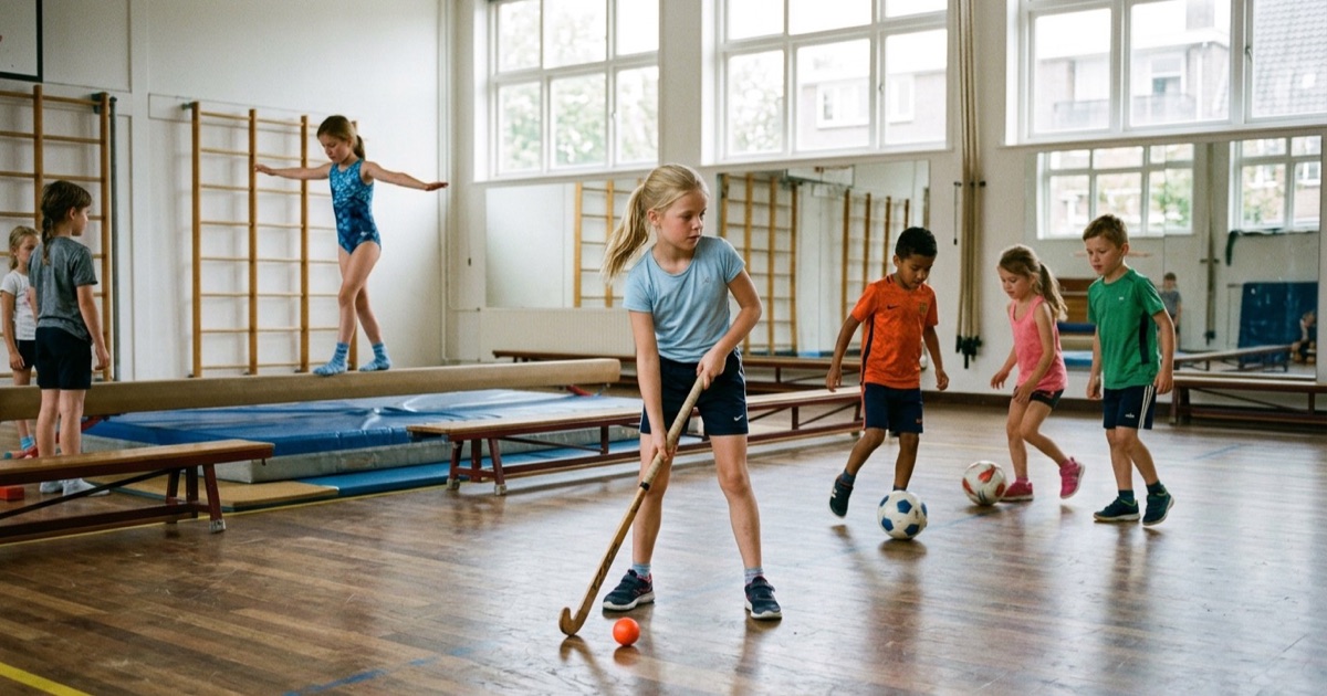 Kinderen oefenen samen op een sportveld en in een gymzaal in verschillende sporten zoals hockey en turnen.