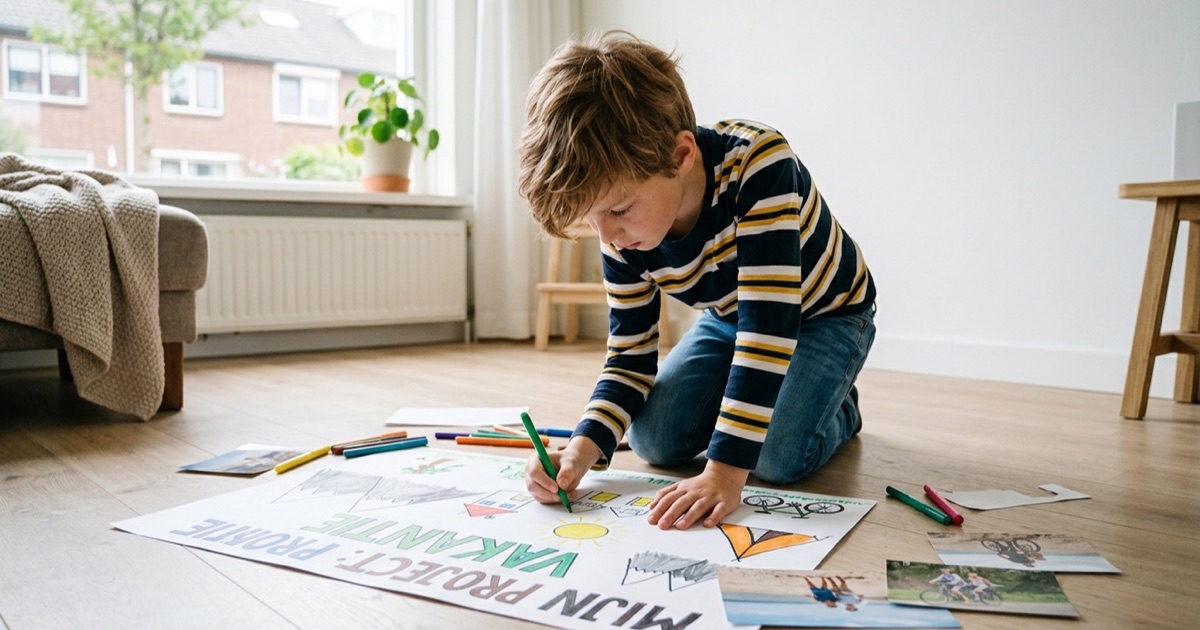 Kind van tien maakt op de vloer een grote poster met markers en foto's voor zijn spreekbeurt.