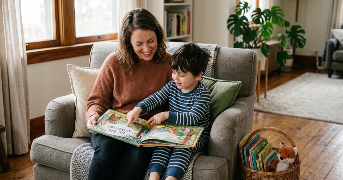 Ouder leest prentenboek voor aan kleuter op fauteuil bij raam