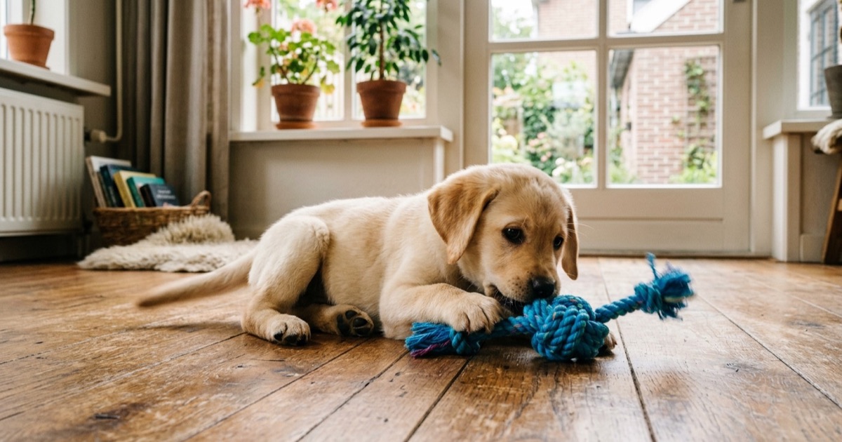 Een Labrador puppy speelt met een touwspeeltje op de houten vloer in een lichte Nederlandse woonkamer