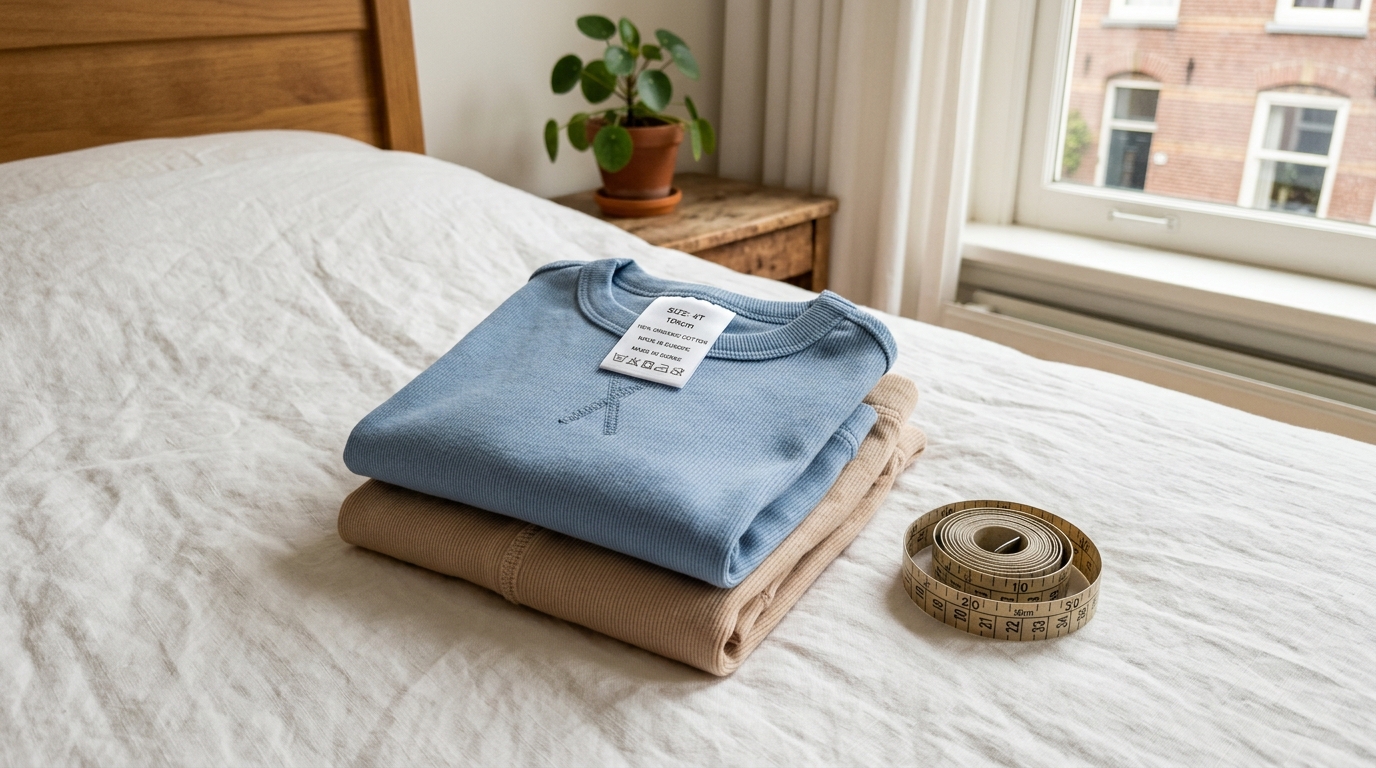 Twee gevouwen kinderpyjama's in pastelblauw en warm beige op een wit linnen bed, met een opgerolde meetlint ernaast bij Nederlands daglicht uit een raam.