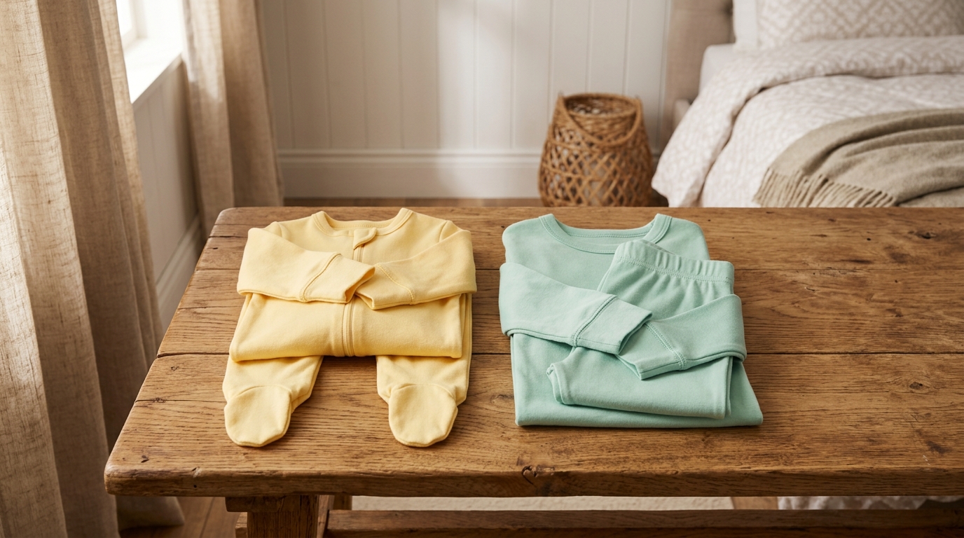 Twee kinderpyjamas op houten bankje: onesie met voet in geel en tweedelig zonder voet in mintgroen.