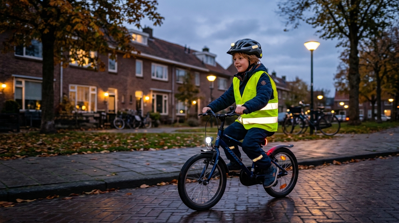 Nederlands kind van zeven jaar fietst in de schemering met fluorescerend hesje en helm met reflectie naar school.