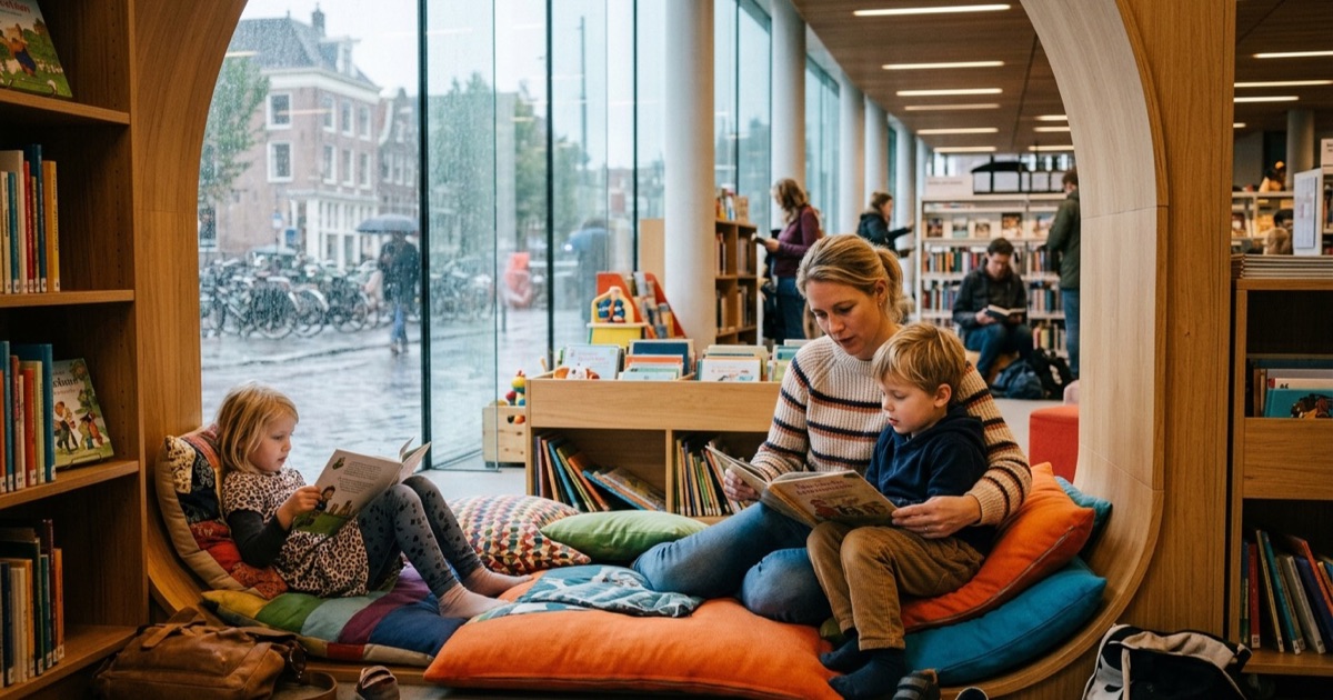 Met kinderen bij regen in Amsterdam