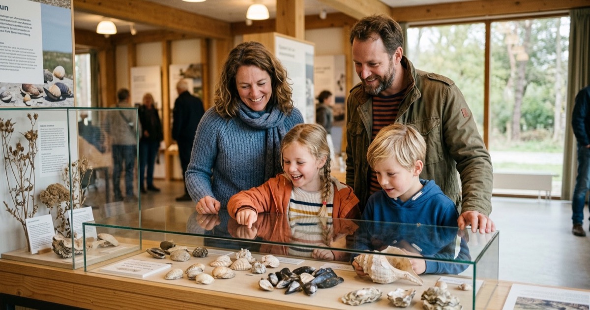 Een Nederlands gezin bekijkt natuur-exposities in het Bezoekerscentrum van Schiermonnikoog