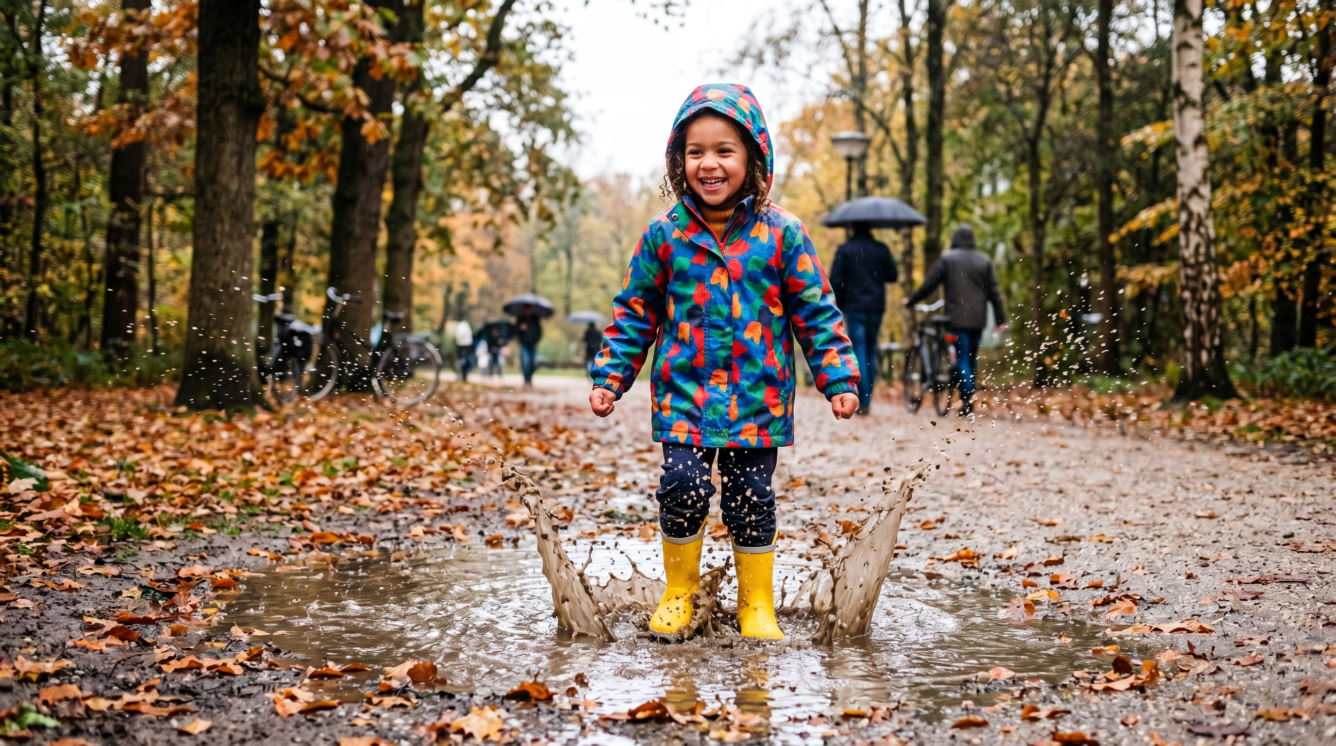 Een vrolijk Nederlands kind in kleurige regenjas en gele rubberen regenlaarzen springt door een grote plas op een herfstige boswandeling met bladeren op de grond.