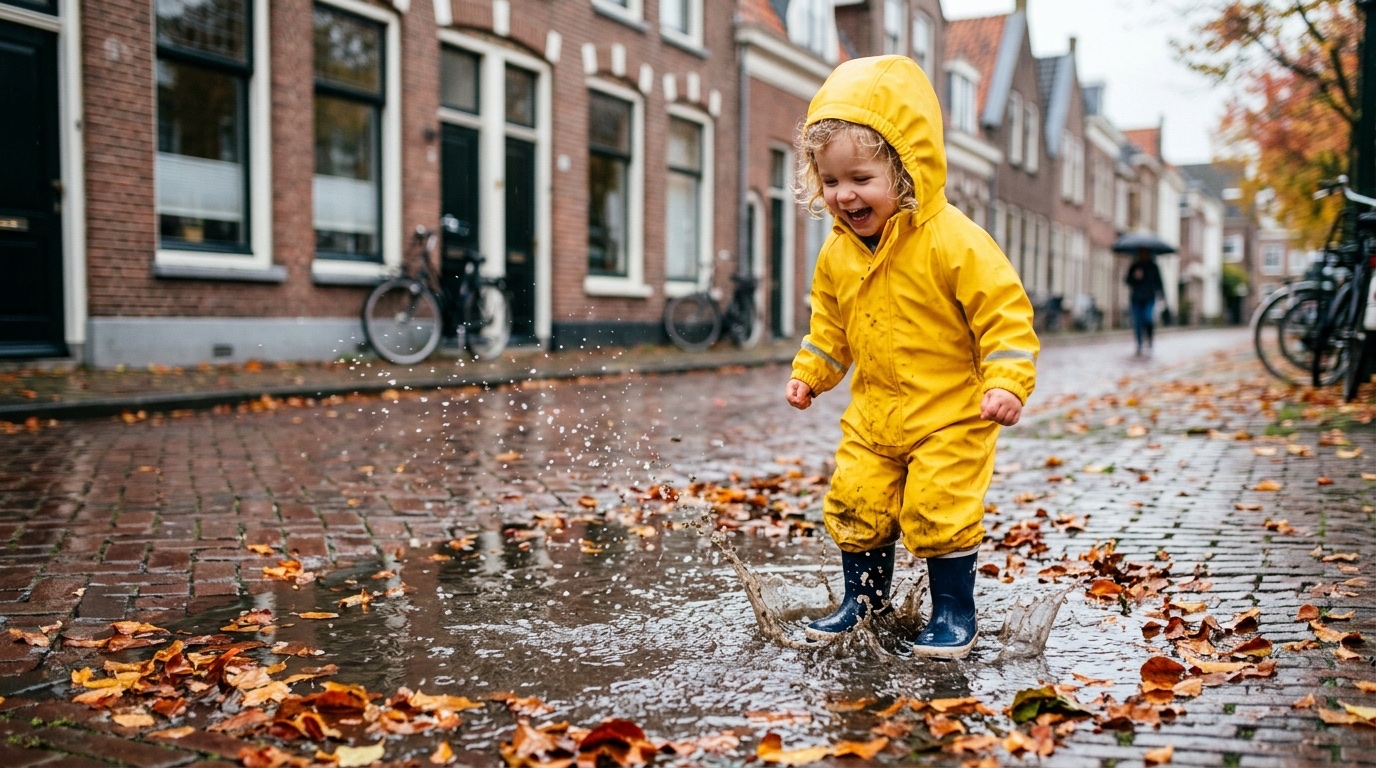 Vrolijke Nederlandse peuter in gele regenpak springt door een plas tussen herfstbladeren op een straat met rijtjeshuizen.