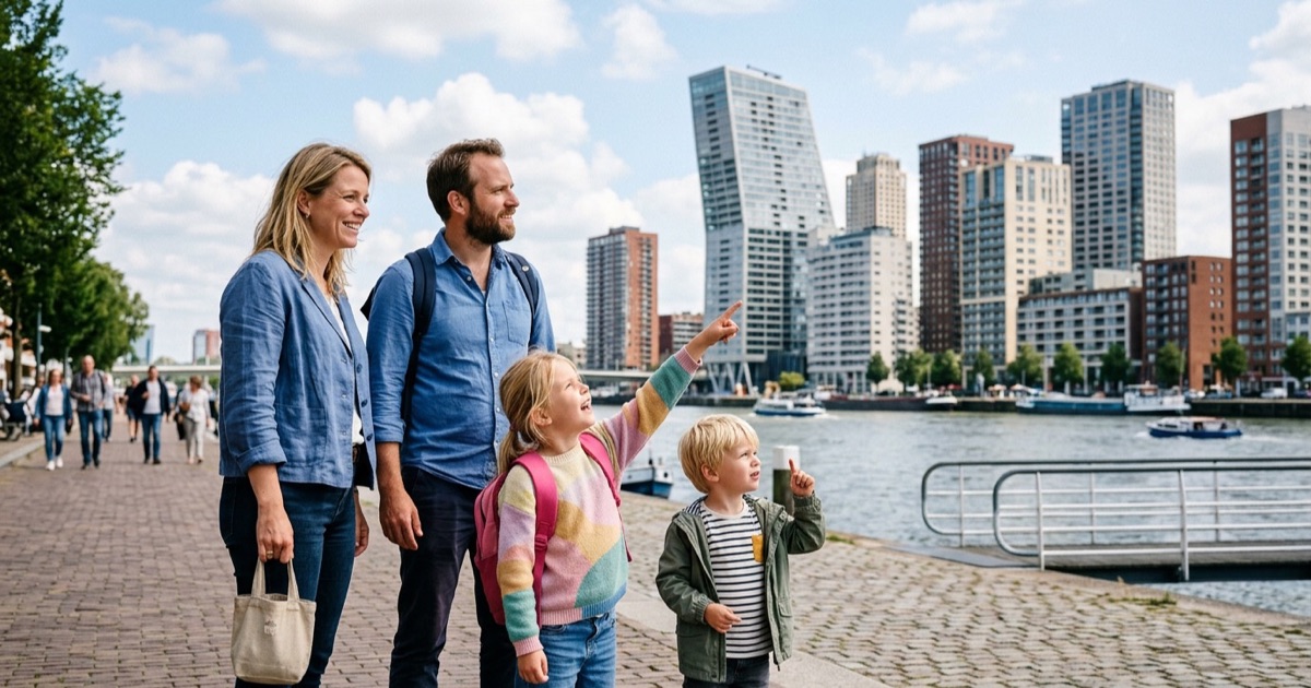 Een Nederlands gezin staat aan de Maaspromenade en wijst naar de moderne Rotterdamse skyline