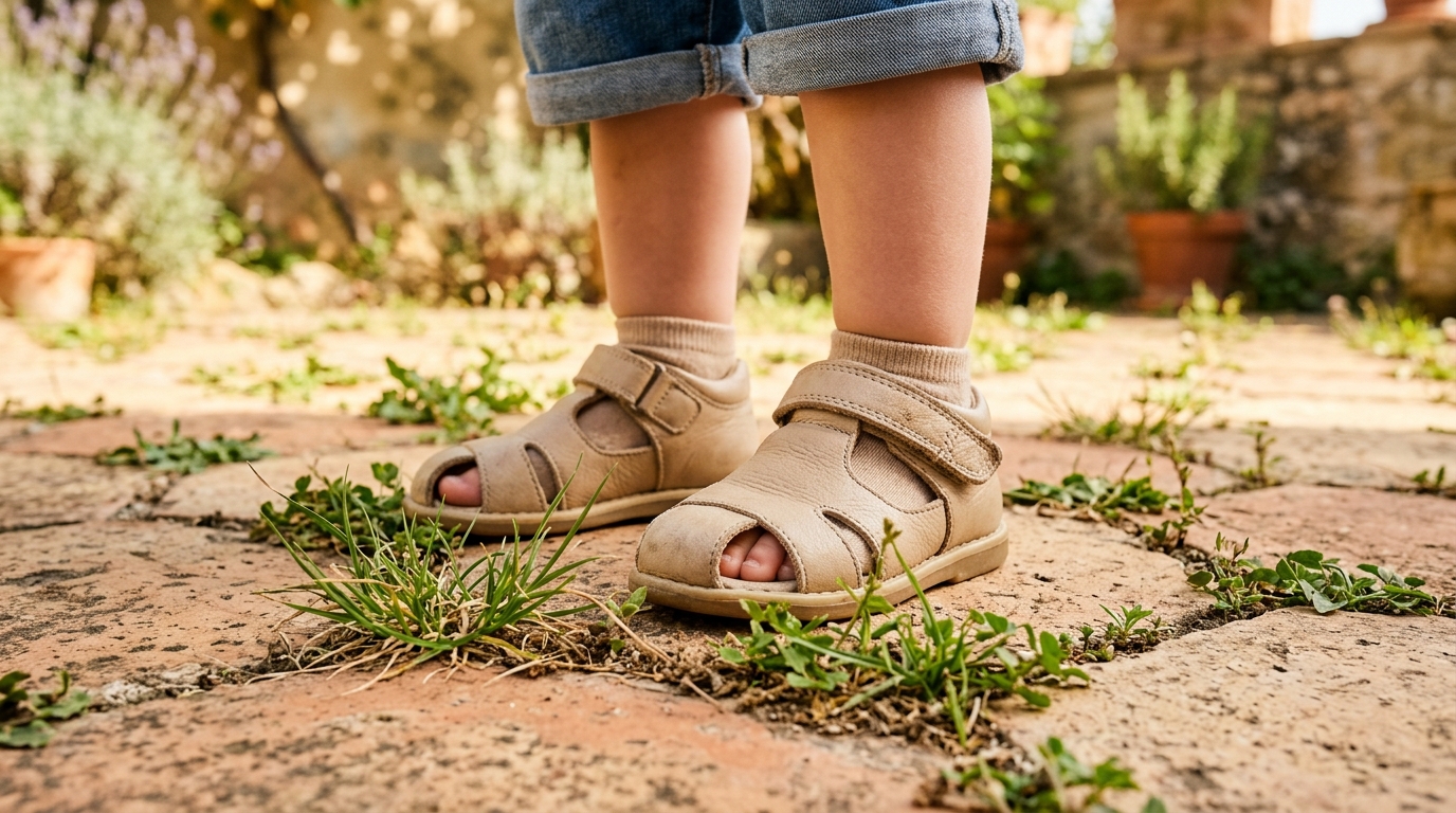 Close-up van peutervoeten in eenvoudige beige kindersandalen op een zonnige terras tussen graspolletjes.