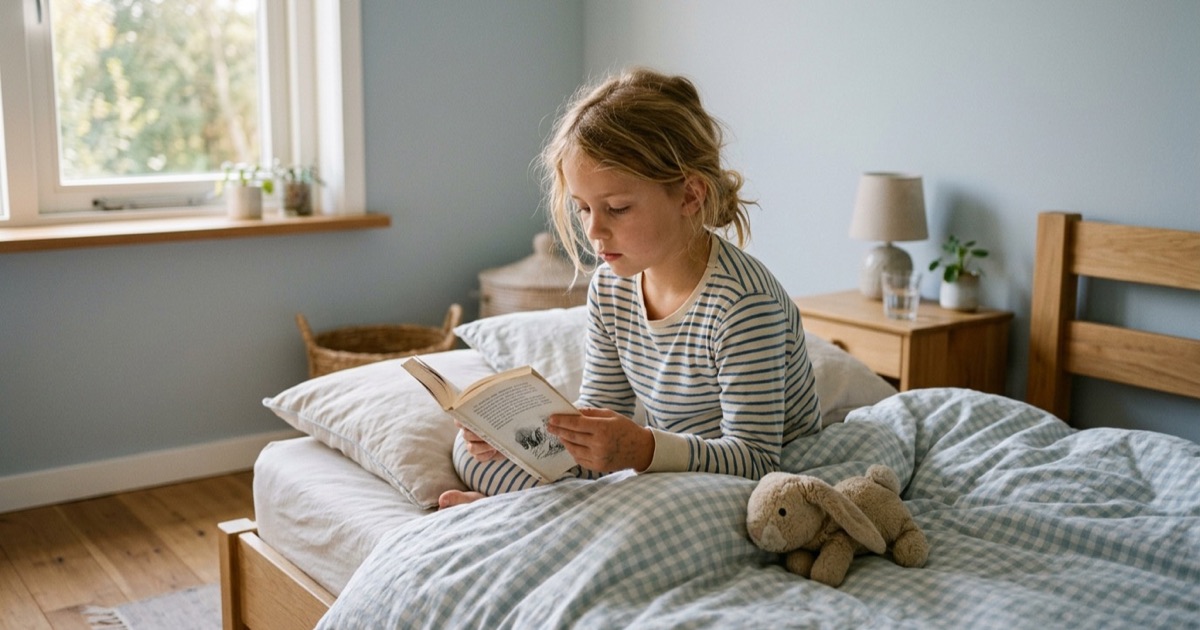 Een kind van rond de acht zit rechtop in bed met een prentenboek bij zacht daglicht in een rustige slaapkamer