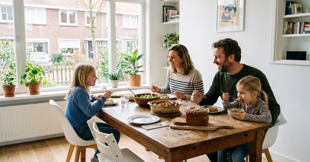 Een Nederlands gezin van vier eet samen aan tafel zonder schermen in beeld in een lichte eetkamer bij daglicht