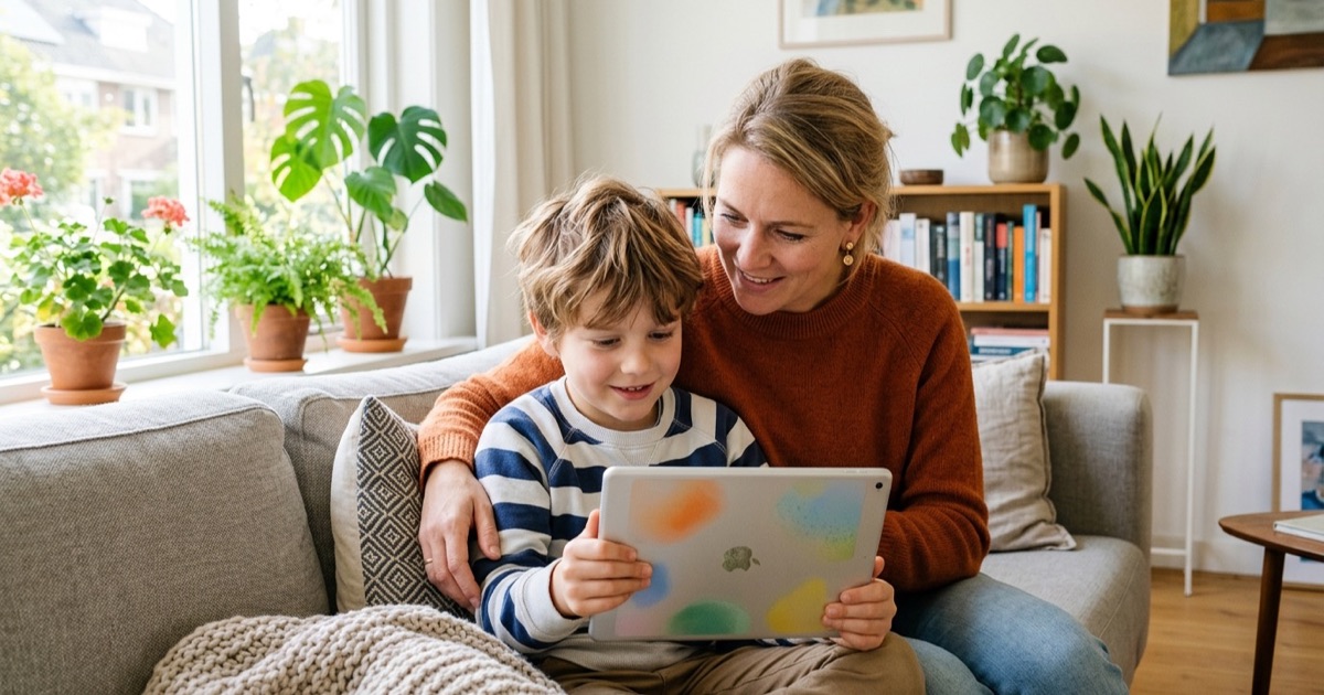 Een ouder en kind van rond de acht zitten samen met een tablet op de bank in een lichte Nederlandse woonkamer