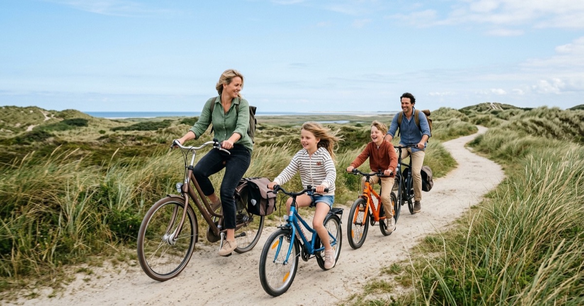 Een Nederlands gezin fietst over een autovrij duinpad op Schiermonnikoog in zomerlicht