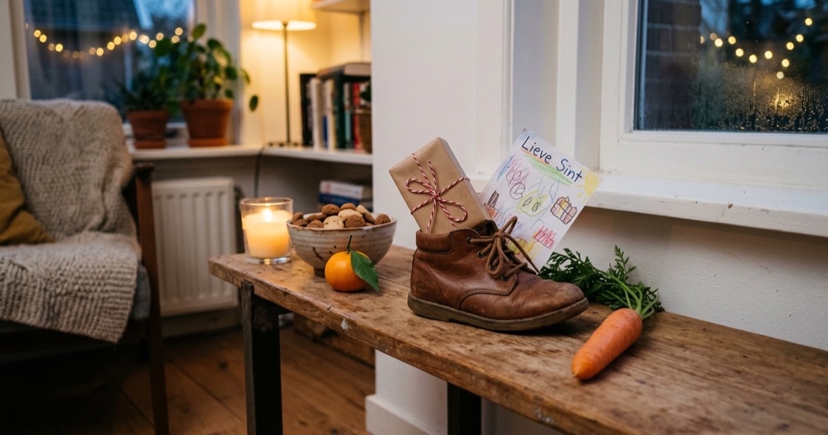 Een kinderschoen op een houten tafel met klein cadeautje en wortel ervoor