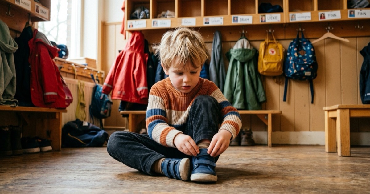 Kleuter zit op vloer in schoolgarderobe en trekt eigen schoenen met klittenband aan.