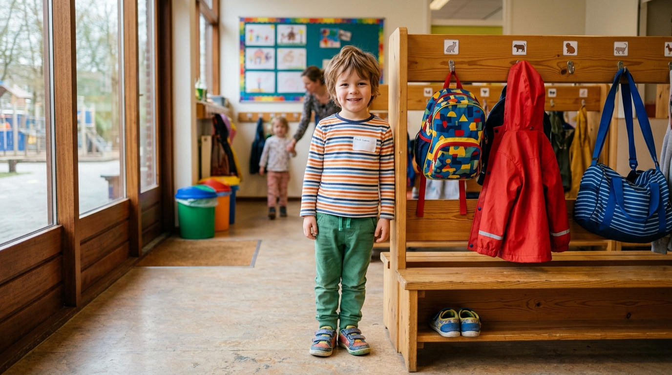 Een kleuter van vijf jaar staat lachend bij een Nederlandse schoolkapstok met rugzak, regenjas, gymtas en sloffen in een rij.
