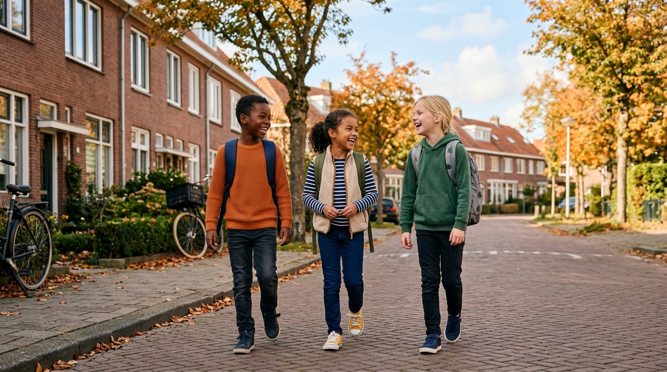 Drie Nederlandse basisschoolkinderen leeftijd 7 tot 9 met rugzakken lopen samen naar school.