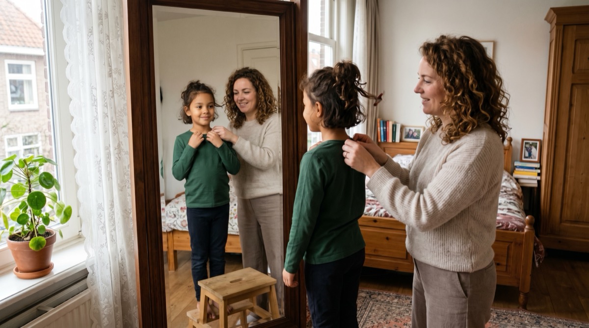 Een moeder met krullend haar helpt haar jonge kind voor een grote spiegel om de kraag van een groene trui recht te trekken in een rustige slaapkamer.