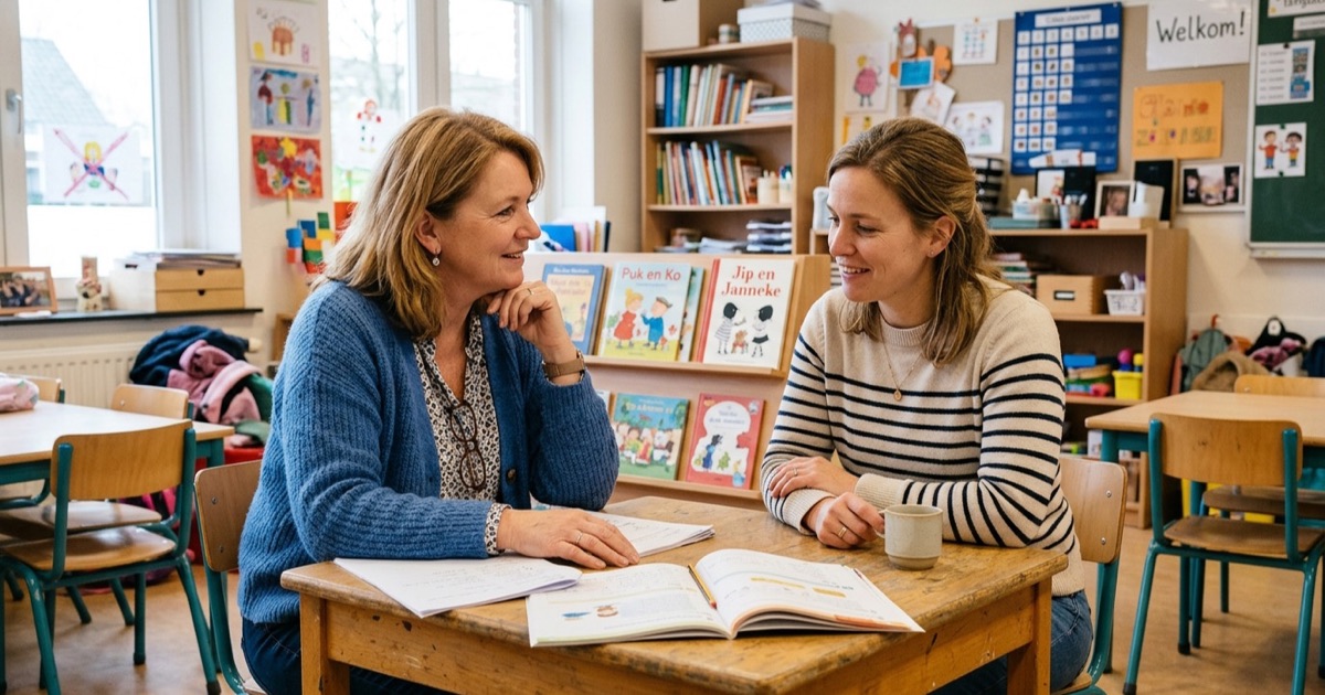 Leerkracht en ouder zitten samen aan schooltafel in een lichte klas, schoolboeken voor zich op tafel.