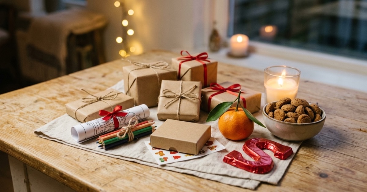 Kleine ingepakte cadeautjes op een houten tafel met pepernoten en kleurpotloden