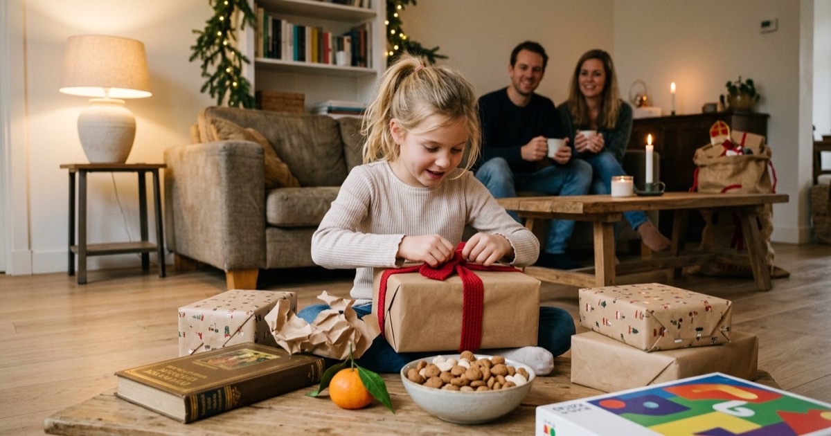 Een kind pakt een middenklasse cadeau uit op de woonkamervloer met ouders erbij