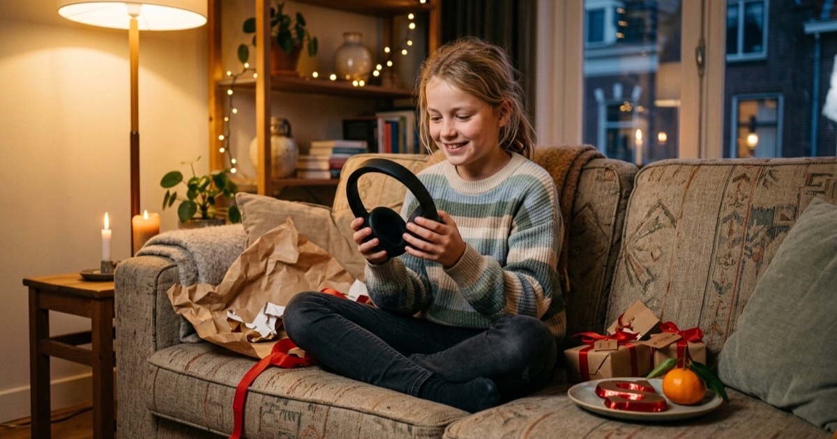 Een pre-teen bekijkt een uitgepakte koptelefoon op de bank