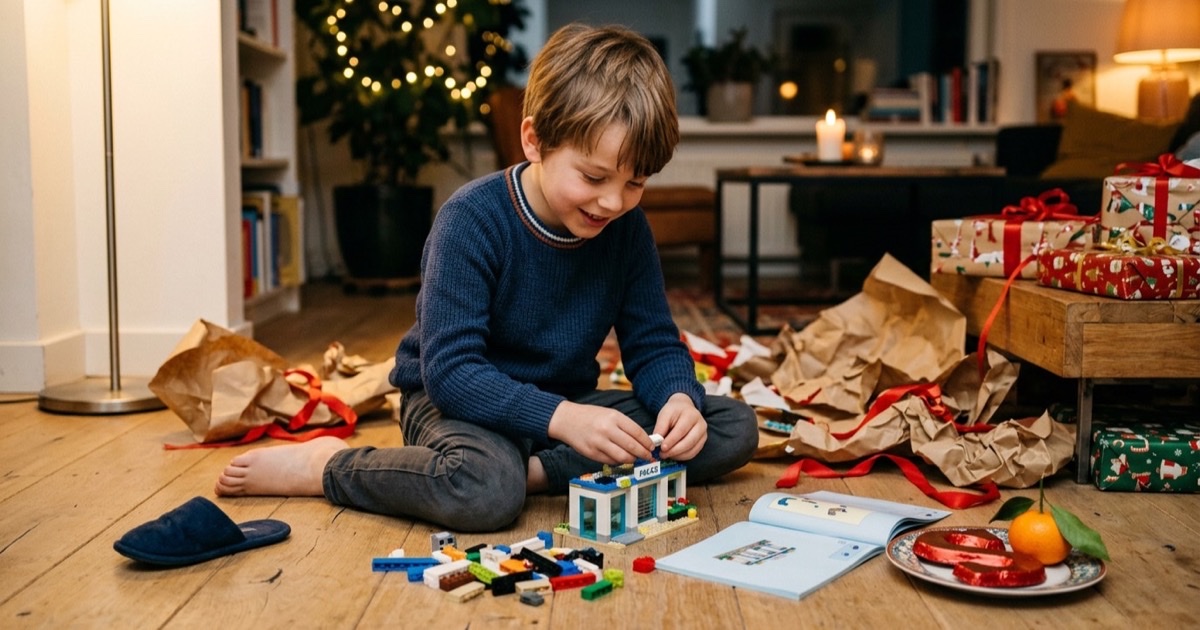 Een kind van rond de acht jaar bouwt aan een constructiespel op de woonkamervloer