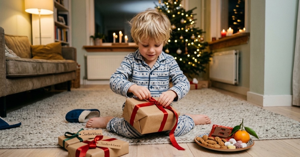 Een kleuter pakt een ingepakt Sinterklaas-cadeau uit op een vloerkleed