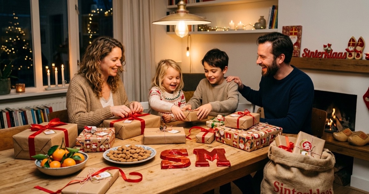 Een Nederlands gezin pakt Sinterklaas-cadeaus uit aan de keukentafel