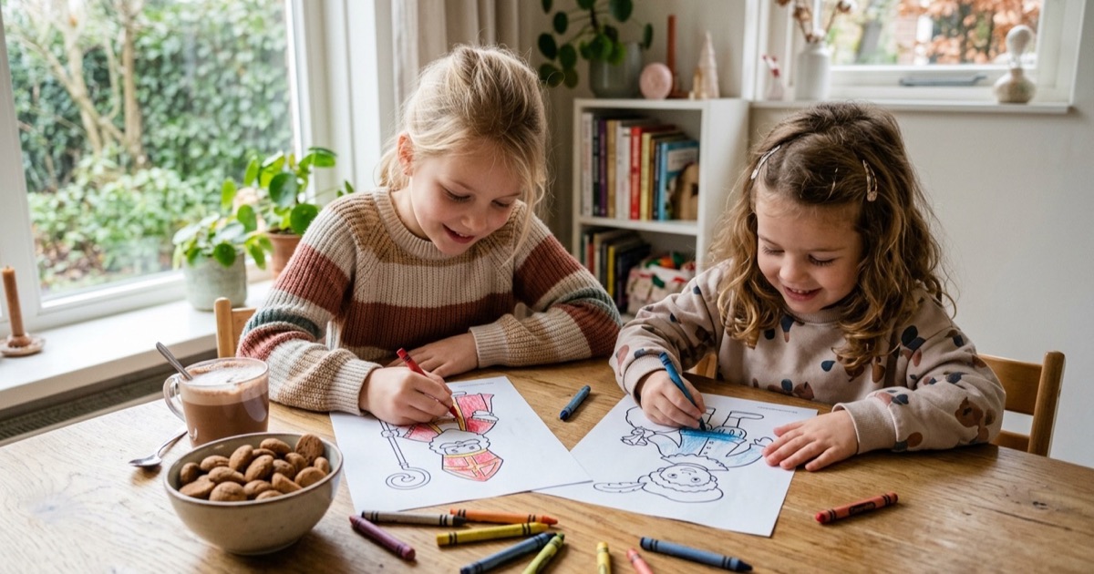 Twee kinderen kleuren sinterklaas kleurplaten aan een keukentafel met pepernoten ernaast