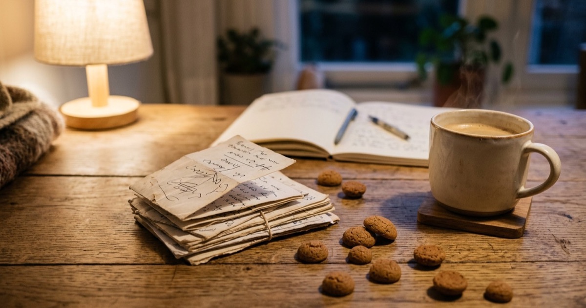 Stapel handgeschreven sinterklaasgedichten op een houten tafel met pepernoten en een mok