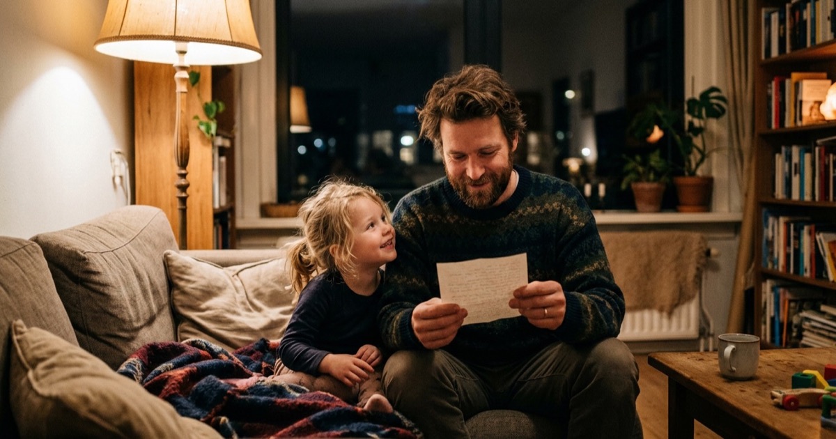 Een ouder leest een kort sinterklaasgedichtje voor aan een kleuter op de bank in een warme woonkamer