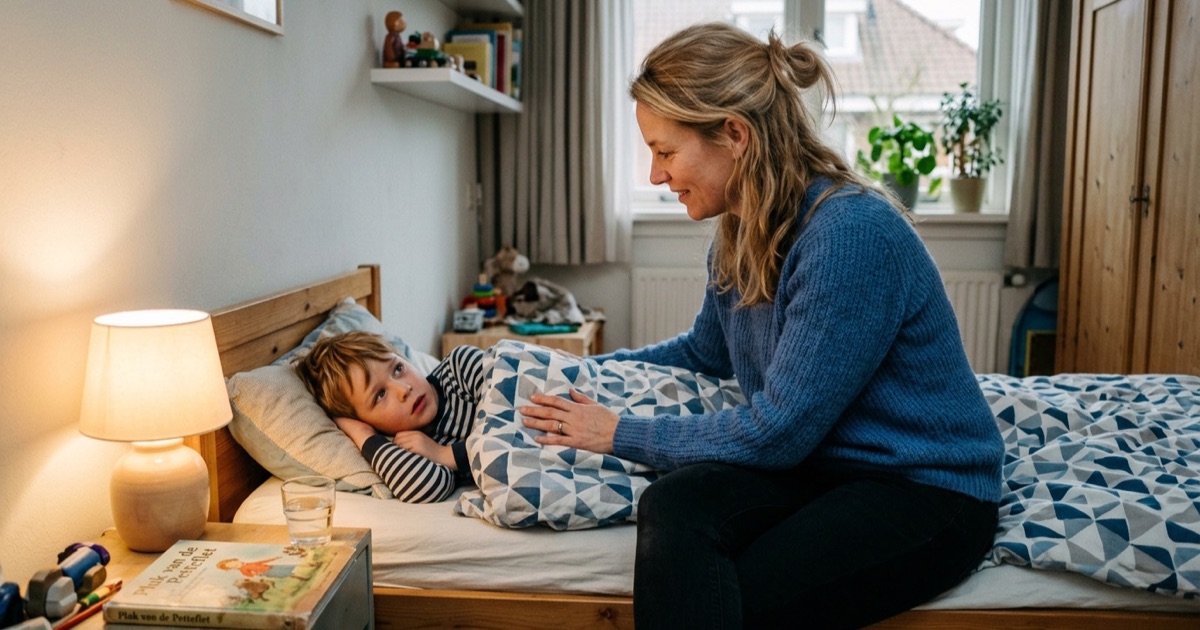 Ouder zit op de rand van het bed bij een kind dat met open ogen onder het dekentje ligt.