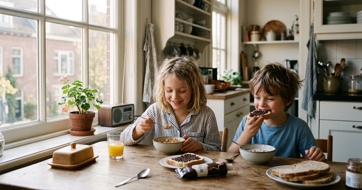 Kinderen zitten s ochtends ontspannen aan de keukentafel te ontbijten met daglicht door het raam.