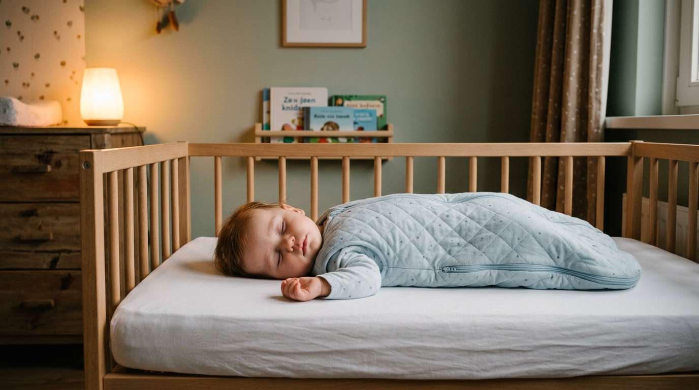 Baby slaapt rustig in lichtblauwe slaapzak in houten wiegje met enkel hoeslaken.