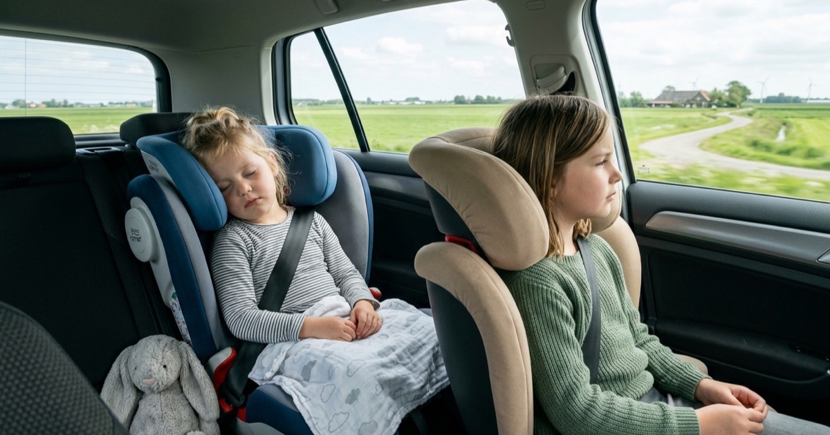 Slapend kind in autostoeltje met dunne deken, ander kind kijkt rustig uit het raam.