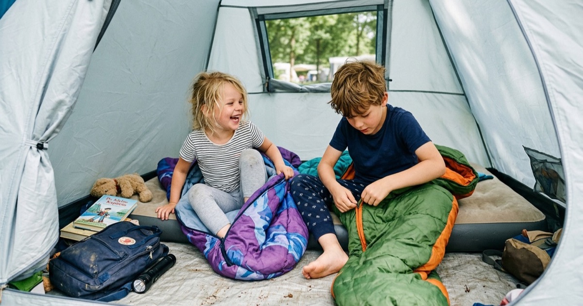 Twee kinderen kruipen lachend in slaapzakken in een tent met daglicht door het tentdoek.