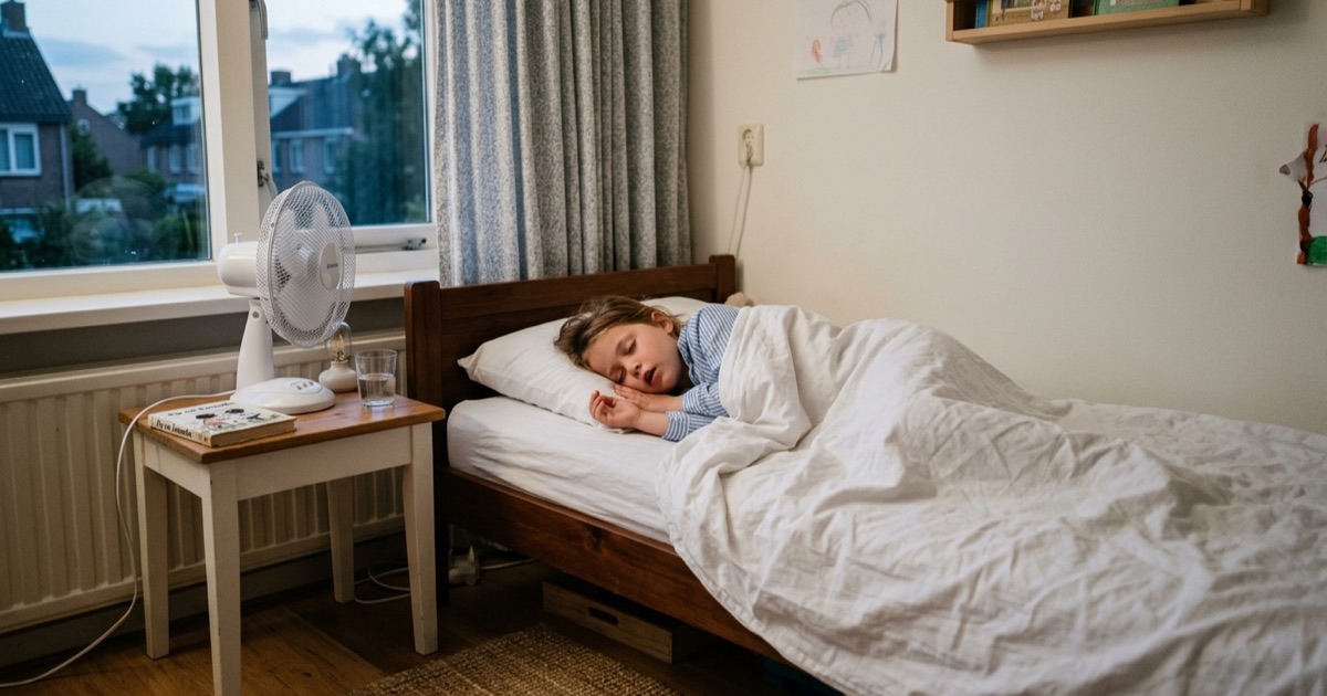 Een kind slaapt in een Nederlands kinderslaapkamertje met dunne lakens en een ventilator op het nachtkastje