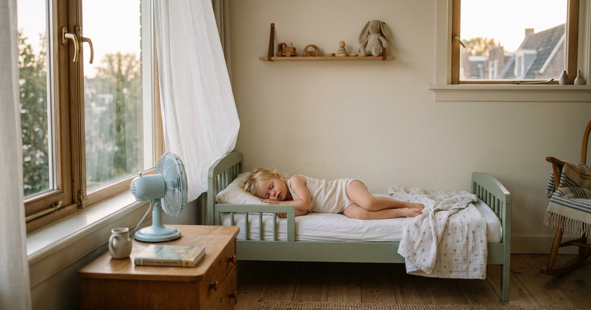 Peuter slaapt in alleen een rompertje op een dun katoenen laken bij warm zomerweer