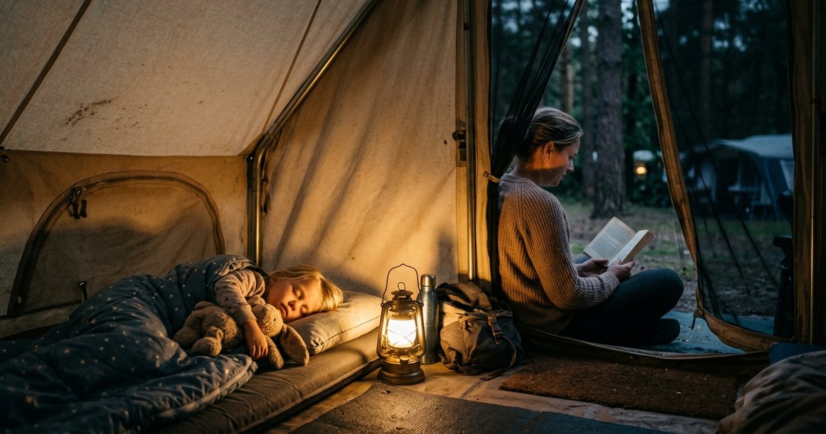 Kind ligt in slaapzak in tent met zaklamp en knuffel naast zich op de camping