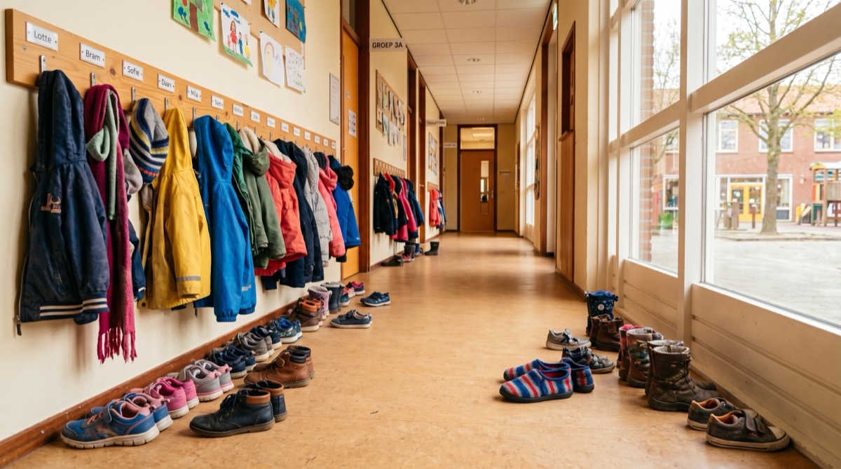 Een rij kleurige kinderjassen aan kapstokken in een Nederlandse schoolgang met onder de jassen een mix van schoenen en kindersloffen op de vloer.