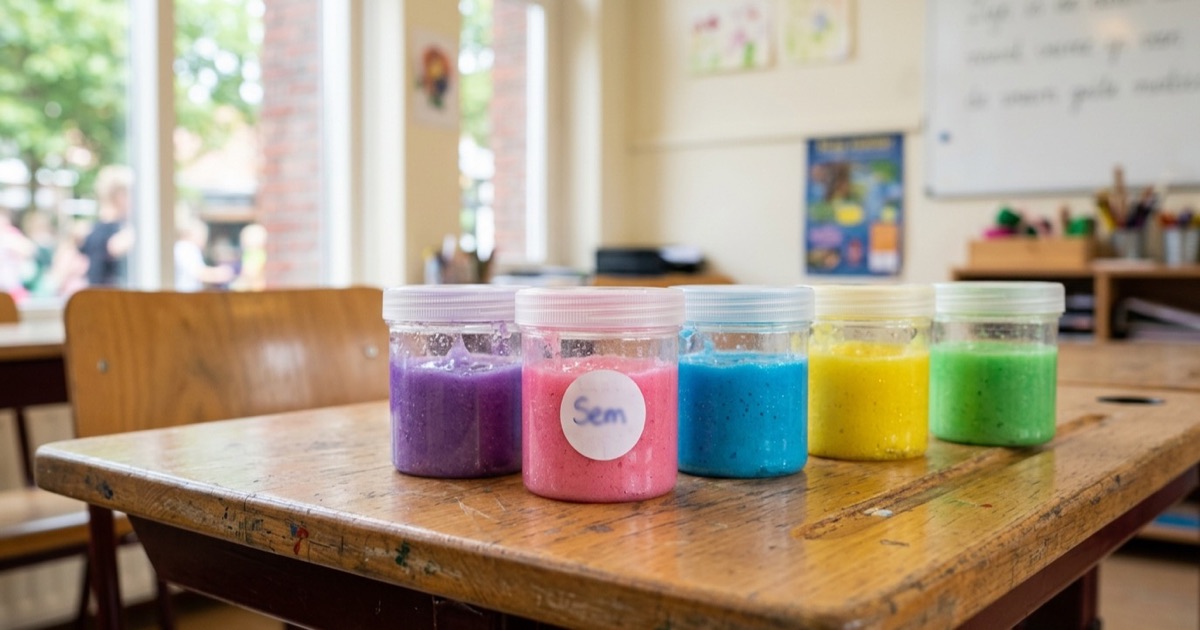 Rij kleine potjes met gekleurde slijm op een schoollessenaar als traktatie voor de klas.