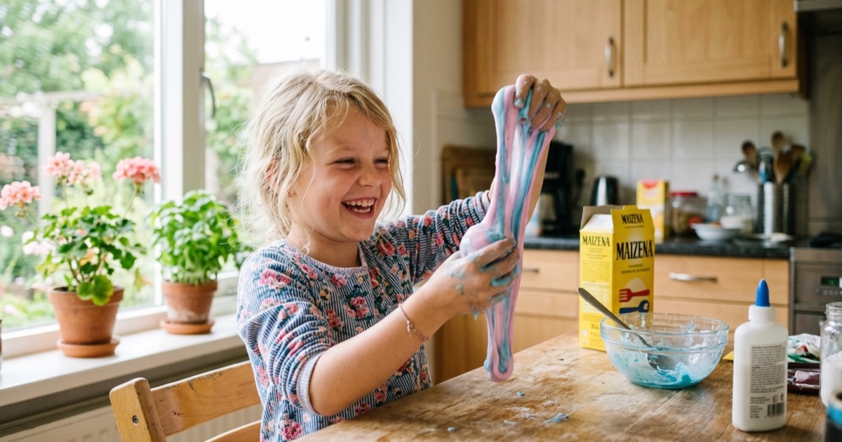 Lachend kind houdt vrolijke gekleurde slijm omhoog in zonnige keuken met ingrediënten op de achtergrond.
