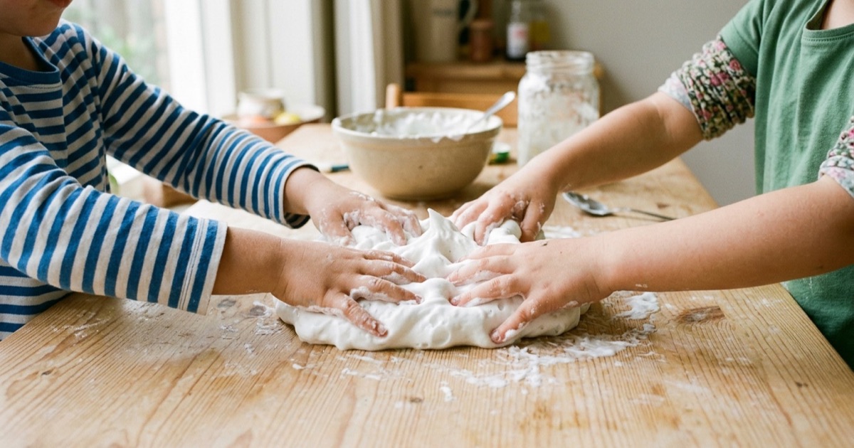 Kinderhanden kneden vrolijke witte fluffy slijm met scheerschuim op een lichte keukentafel.