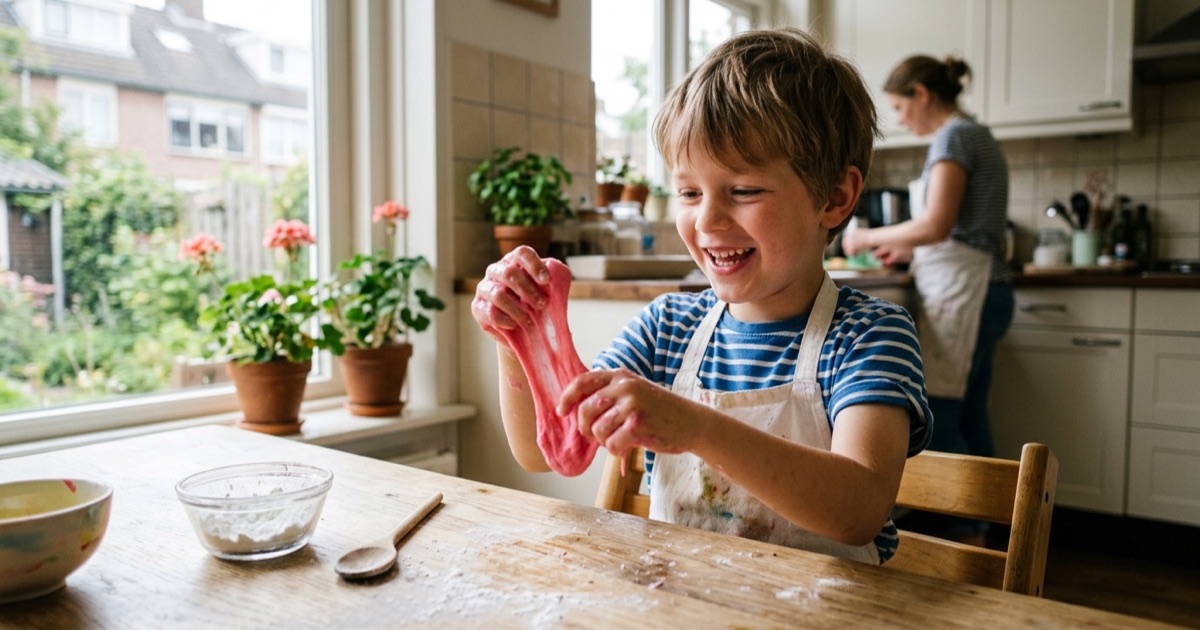 Kind roert vrolijke roze slijm zonder lijm in een glazen kommetje aan de keukentafel bij daglicht.
